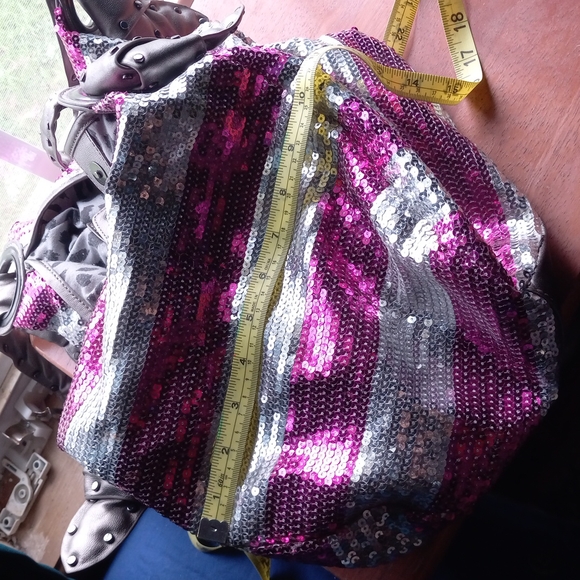 Betsey Johnson Silver and Pink sequined  purse 12 h by 10 w - Picture 4 of 9